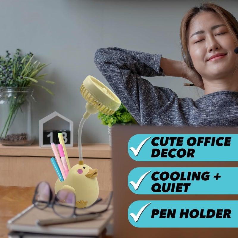 Ennotek Cute Duck Desk Fan with Pen Caddie – USB Plug‑In Table Fan with Strong Airflow & Small Backup Battery – Fun Office Desk Accessories for Home, School & Work (Yellow Duck) - Image 5